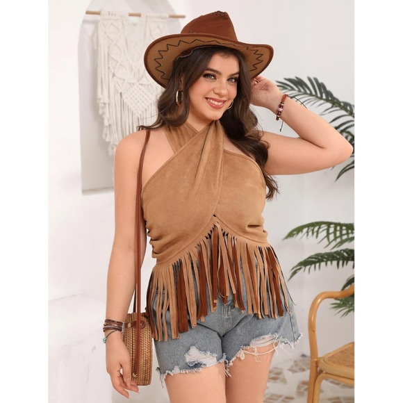 (NWOT) Tan Fringe Halter Top - Picture 2 of 6